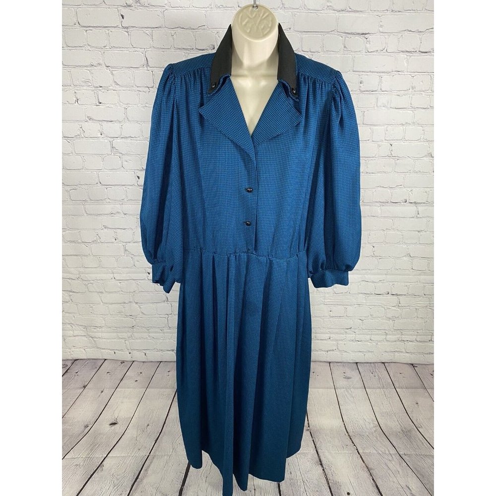 VTG Sabino Blue Black Check Shoulder Padded Button Front Long Peasant Dress 14